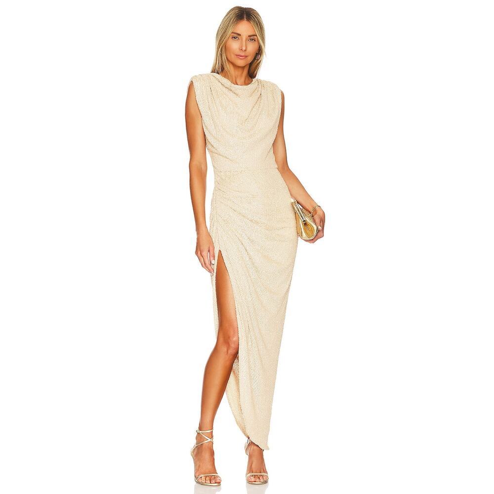 Itmfl Floriste Dress Side Slit Sequin Champagne Side Zip Lined Size S NWT